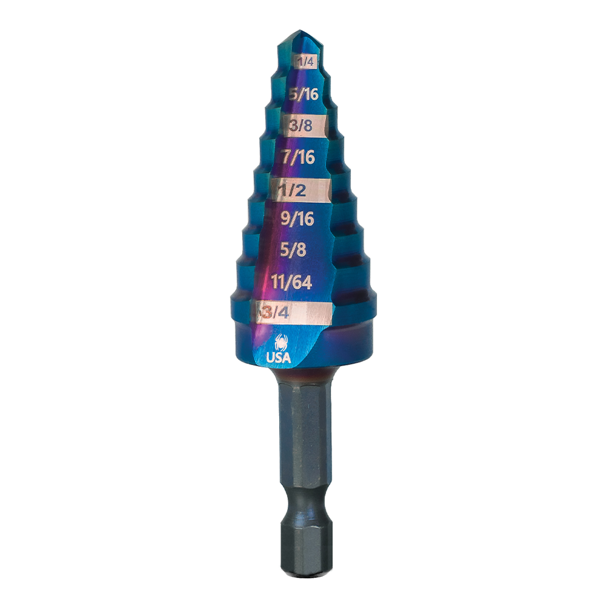 Spyder Stinger Mach-Blue High-Speed Steel Step Drill Bit, 1/4in.–3/4in., 9 Steps, Model# 19021